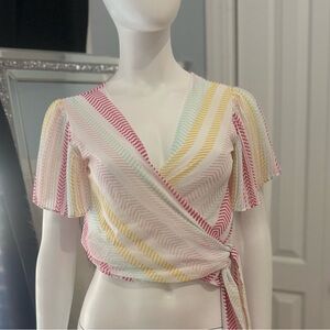 New York & Company Pastel Striped Wrap Crop Top in Pink, Yellow, Mint